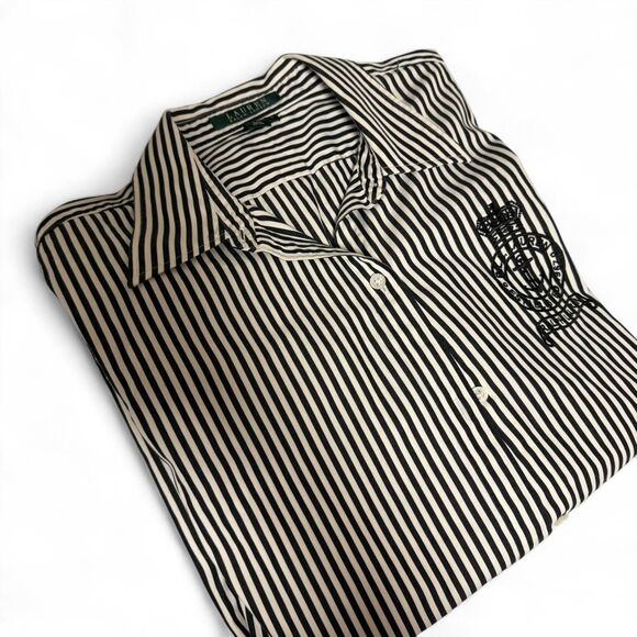 Vintage 90s Lauren Ralph Lauren Embroidered Crest Logo B&W Long Sleeve Shirt - Picture 8 of 8